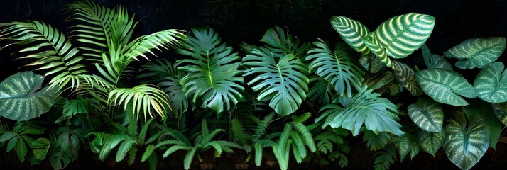 Tropical rainforest foliage plants bushes ferns. palm. philodendrons and tropic plants leaves in tropical garden on black background. green variegated leaves pattern nature frame forest background.