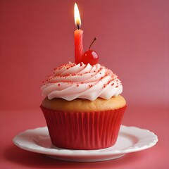 Celebratory Cupcake Red Frosted Delight with Single Candle 