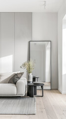 Interiors designer composition in a luxury minimalist property with minimal furniture, copy space and neutral colors.