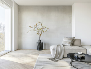 Interiors designer composition in a luxury minimalist property with minimal furniture, copy space and neutral colors.