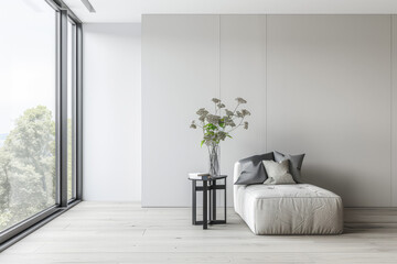 Fototapeta premium Interiors designer composition in a luxury minimalist property with minimal furniture, copy space and neutral colors.