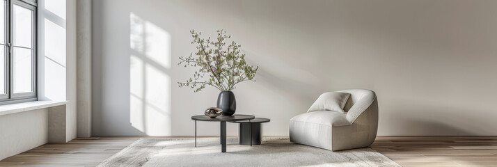 Interiors designer composition in a luxury minimalist property with minimal furniture, copy space and neutral colors.
