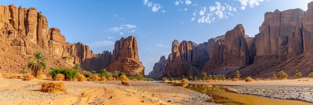 Scenic views of Wadi Al Disah valley in the Tabuk region of western Saudi Arabia, highlighting its rugged terrain and natural beauty