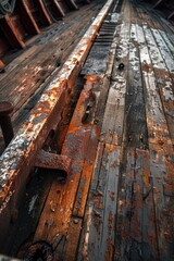 Close-up shot of rusty wood grain on a wooden floor, suitable for use in decorative or vintage-themed designs