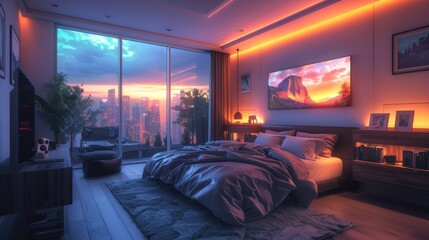 Background: The interior design of the master bedroom features a modern and comfortable style, with elegant furniture and a cozy bed.