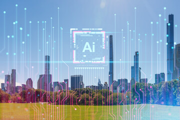 New York cityscape with futuristic digital hologram overlaying, depicting technology concept on a sunny day. Double exposure