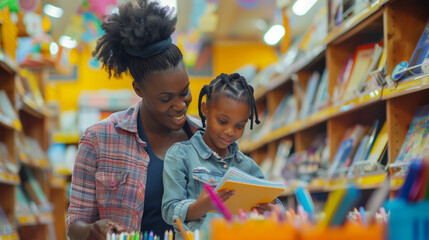 Back to school concept, african american mother and little girl kid or cute pupil buying school supplies in store