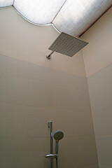 Sky roof with skylight roman blinds, roof curtain, interior design ideas. Selective focus