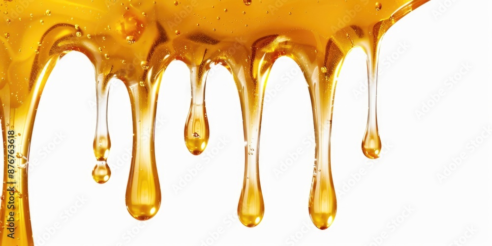 Poster a single droplet of honey is seen dripping from the edge of a spoon, with a shallow background to sh