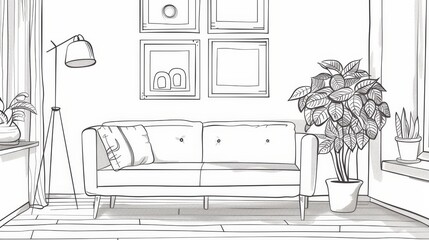 Fototapeta premium Hand-drawn single-line artwork of a modern living room with a sofa, lamp, plant, and photo frames. Editable stroke and doodle vector design.