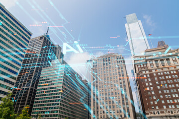 Philadelphia skyline with a futuristic hologram overlay on a clear day, blending cityscape with technology concept. Double exposure