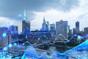 Philadelphia cityscape with futuristic digital holographic overlay, concept of technology and urban development. Double exposure
