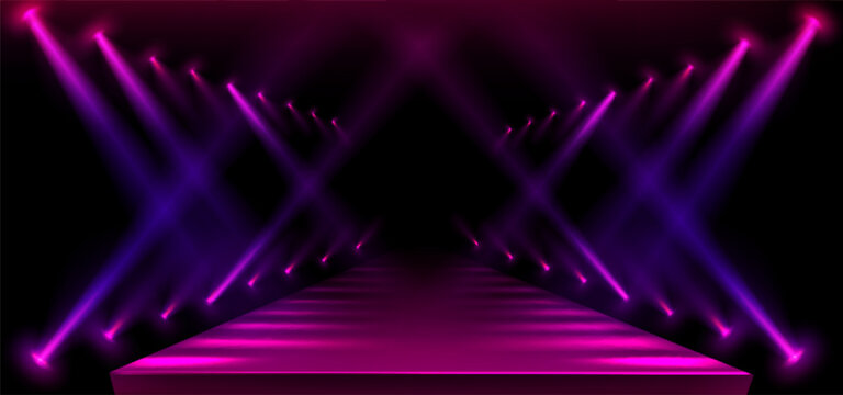 Fashion show runway with purple lights on black background. Vector realistic illustration of long podium perspective illuminated with color floodlights, neon lamps glowing in smoke, catwalk design