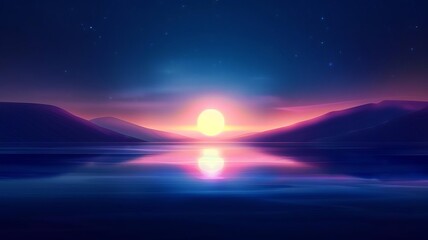 Fototapeta premium Stunning sunset over calm waters with vibrant colors and serene mountain backdrop, capturing nature's breathtaking beauty and tranquility.