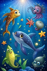 Naklejka premium underwater background with fish and stars illustration