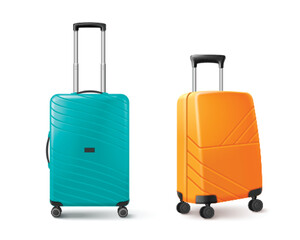 Modern wheel suitcases set isolated on white background. Vector realistic illustration of orange and turquoise plastic luggage, solid rolling bag with metal handle, tourist accessory, vacation travel