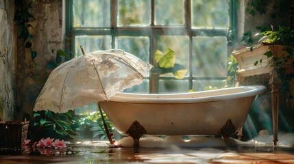 Fototapeta premium Background: A coquette bathroom wallpaper adorned with elegant pink towels and silky bubbles creates a romantic atmosphere of pure relaxation. 