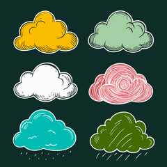 Hand drawn clouds in different colors on a black background