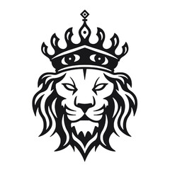 black and white vector logo of a lion head wearing a crown, on a minimalist background