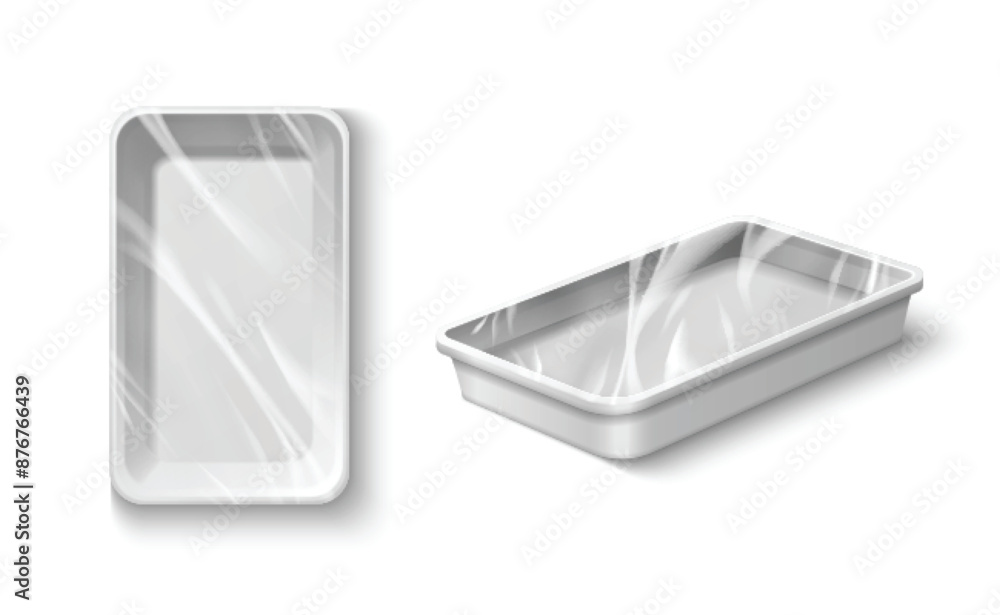 Poster plastic food container mockups set isolated on white background. vector realistic illustration of re