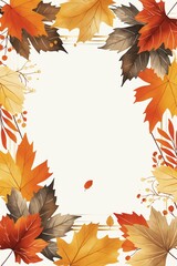 Autumn themed paper frame with colorful leaves and berries on white background, perfect for seasonal invitations