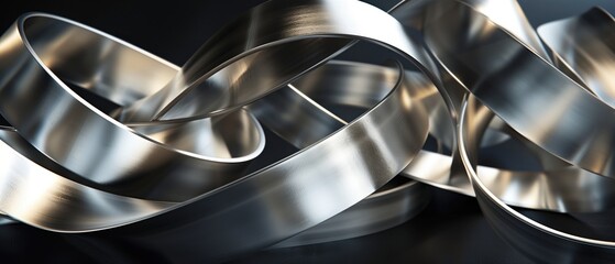 Close-up of intertwined polished metal ribbons, creating an abstract and modern industrial design on a dark background.