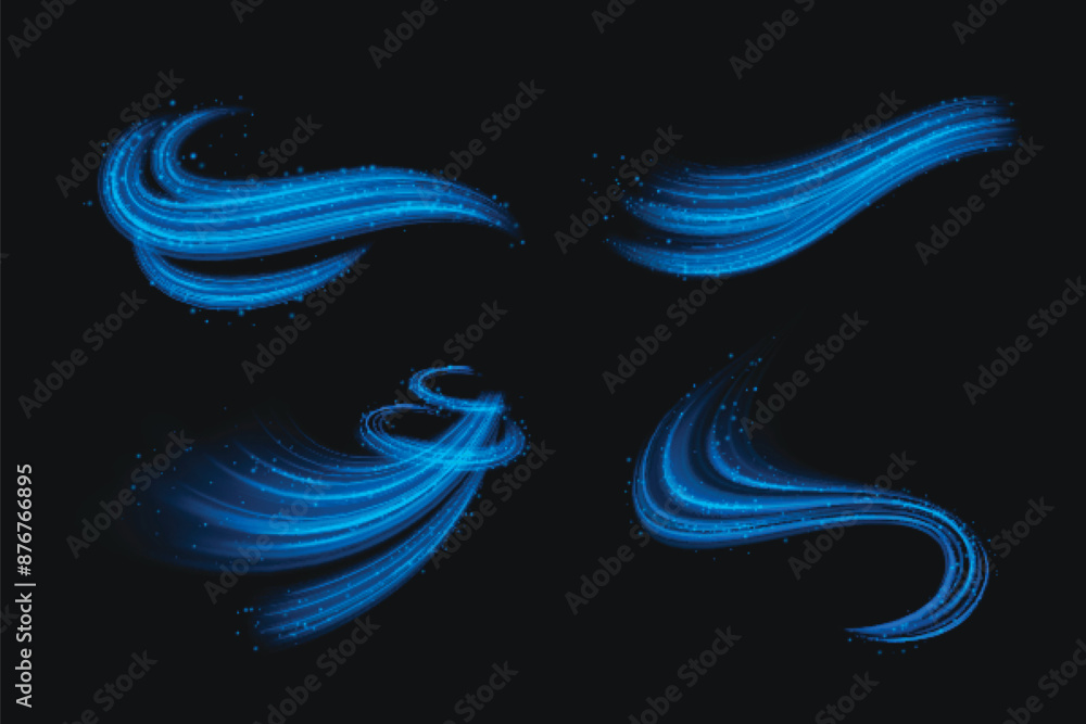 Poster circle and wave blue wind effect with particles. realistic 3d vector illustration set of abstract cu
