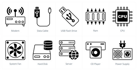 A set of 10 Computer Parts icons as modem, data cable, usb flash drive