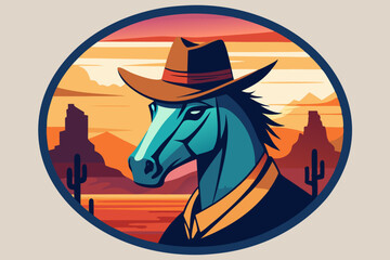 T-shirt design, horse wearing cowboy hat, Texas desert background, vector illustration