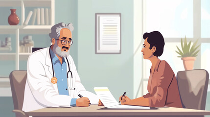 Obraz premium A senior doctor is giving professional healthcare advice to a young patient during a consultation in a medical office. The patient is receiving care and guidance in this clinical setting