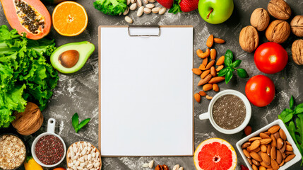 Healthy eating, blank notepad. Variety of colorful fruits, nuts and vegetables.
