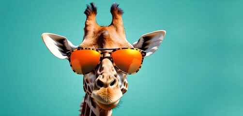 Obraz premium Giraffe in sunglasses on a turquoise background, space for text, empty space