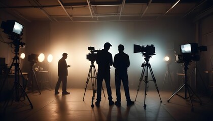 commercial video film movie making lighting set professional studio production big working people silhouette scenes behind television camera motion picture equipment crew photo light wide view 