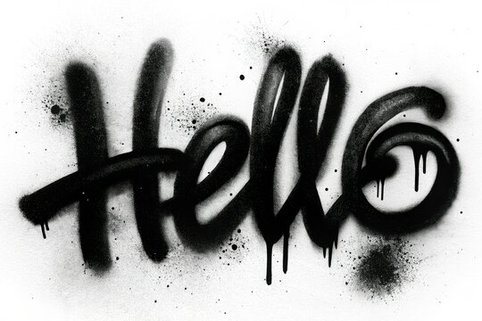 Hello text written with black ink spray isolated on white background