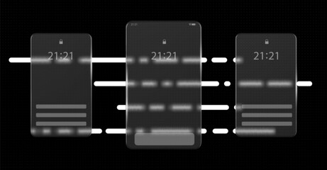 Mobile phone screen ui set isolated on black background. Vector realistic illustration of glass morphism vertical display mockups with clock and lock icon, blurred mobile application design template © klyaksun