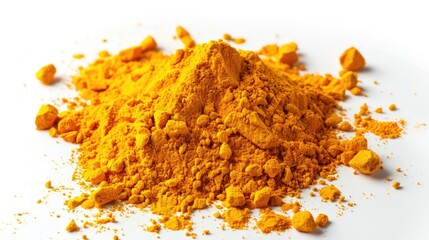 A pile of bright yellow powder sits on a clean white surface, great for representing chemical compounds or art projects
