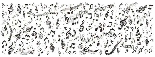 Obraz premium Big set of music notes, musical symbols illustration on white background. Black and white vector design with various types of simple musical notations. Hand drawn doodle art for design elements