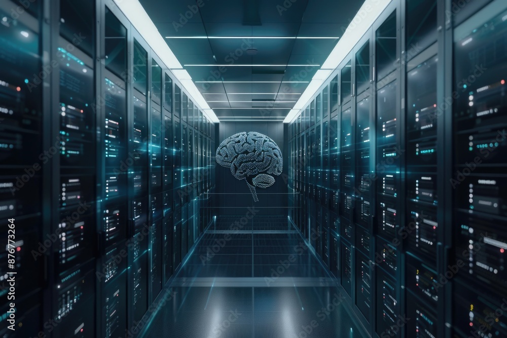 Poster picture shows a server room with rows of servers and a central brain component, possibly an ai or da