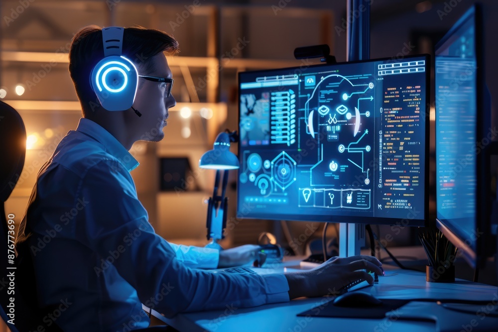 Poster cybersecurity professional examining intricate digital data on advanced computer systems and global 