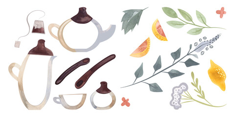Set for brewing herbal tea. Empty transparent glassware with dark brown wooden decor in sketch style: teapot, cup, lemonade jug, sugar bowl, spoons. A set of herbs and fruits for tea: oregano, lemon