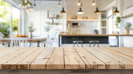 Empty beautiful wood table top counter and blur bokeh modern kitchen interior background in clean and bright,Banner, Ready for product montage.Generative AI illustration 