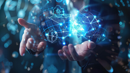 Global currency exchange concept, Businessman holding virtual world map and dollar yuan yen euro and pound sterling sign. Global business, international trading currency, world economy money, transfer