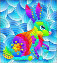 Stained glass illustration with a cute rabbit on a background of blue waves, rectangular image