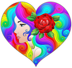 A stained glass illustration with a portrait of a girl with bright hair and a heart-shaped rose