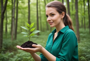Eco-Friendly Growth Woman Holding Seedling in Forest