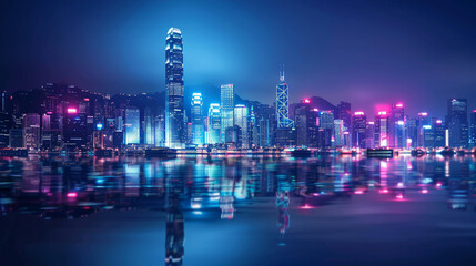 Obraz premium A vibrant night view of a city skyline with illuminated buildings