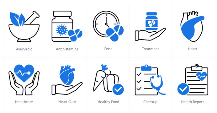 A set of 10 Medical icons as ayurvedic, antihistamine, dose