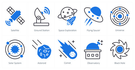 A set of 10 Astronomy icons as satellite, ground station, space exploration © popcornarts