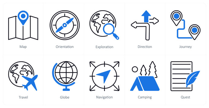 A set of 10 Adventure icons as map, orientation, exploration