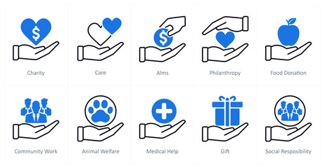 A set of 10 Charity and Donation icons as charity, care, aims